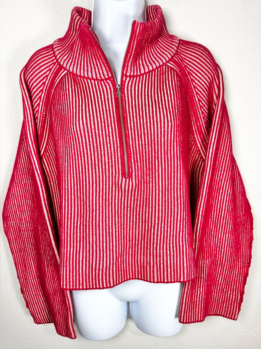Zenana Red Two Tone Rib Half Zip Cozy Soft Sweater Size Small